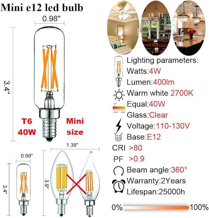 LiteHistory Dimmable t6 led Bulb 40W Candelabra led 2700K Clear 400lm 4W e12 Edison Bulb Warm White 6Pack