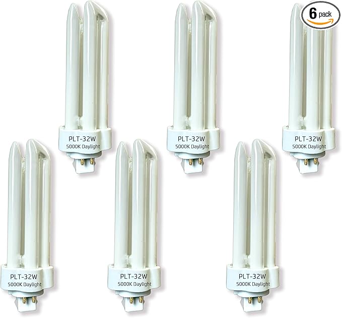 6pack PLT 32W Triple Tube Fluorescent Light Bulb, 5000K Bright White Daylight 4-Pin GX24-3 Type Base，High Transparency CRI 86