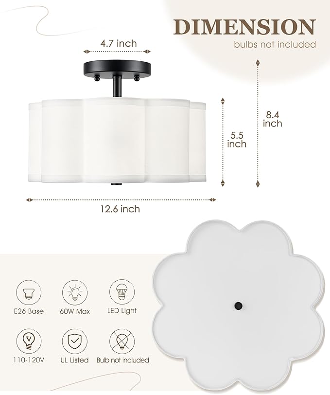 Semi Flush Mount Ceiling Lights, 3-Light 13" Ceiling Light Fixtures with Fabric Shade in Flower Shape, Matte Black Drum Lighting for Nursery Hallway Bedroom Kitchen, AD-22007-3SF-BK