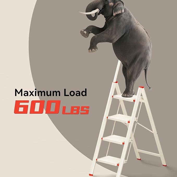 ASPERALD 4 Step Ladder with Single-Handrail,Foldable Step Stool with Anti-Slip Wide Pedals for Home Kitchen Closet, Step Ladder 4 Step Folding White