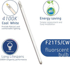 6pack F21T5/841 34 inch Cool White Fluorescent Light Bulb, 21Watt 4100K Neutral White Light T5 Type Tube, High Brightness 1780 Lumen