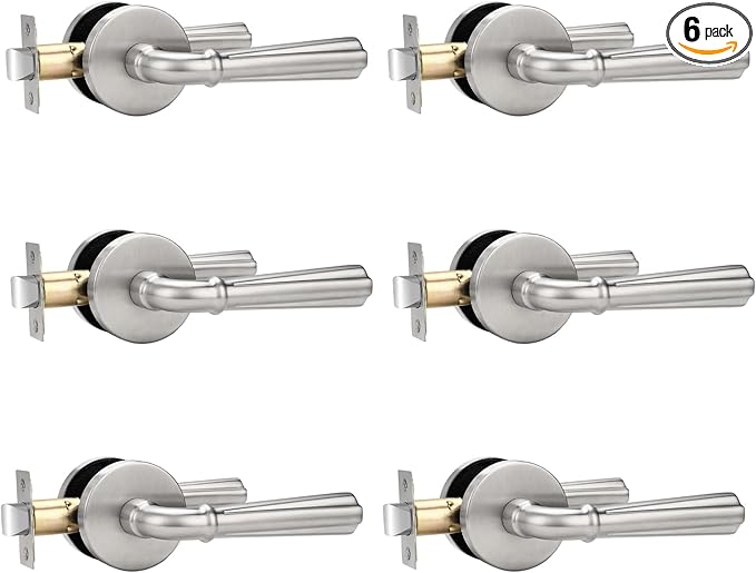 Orger 6 Pack Brushed Nickel Passage Door Lever Keyless Closet Door Handle, Interior Non-Locking Lever Sets Keyless Nickel Finish Door Lock for Right & Left Handed Doors, Stainless Steel