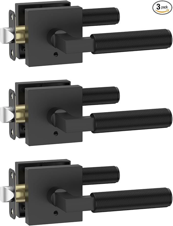 Amerdeco 3 Pack Privacy Door Handles, Matte Black Interior, Knurled Lever, Heavy Duty for Bedroom and Bathroom, Reversible Keyless for Right & Left Side AM0021