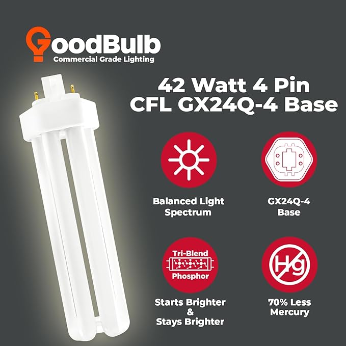 GoodBulb 42 Watt CFL Light Bulbs 4 Pin GX24Q-4 Base 3500K Neutral White 42W High Output 3200 Lumens Triple Tube Compact Fluorescent Light Bulbs Plug-in 10 Pack