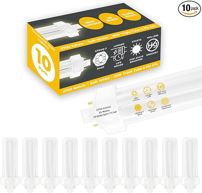 GoodBulb 26 Watt CFL Light Bulbs 4 Pin GX24Q-3 Base 2700K Soft White 26W High Output 1800 Lumens Triple Tube Compact Fluorescent Light Bulbs Plug-in 10 Pack