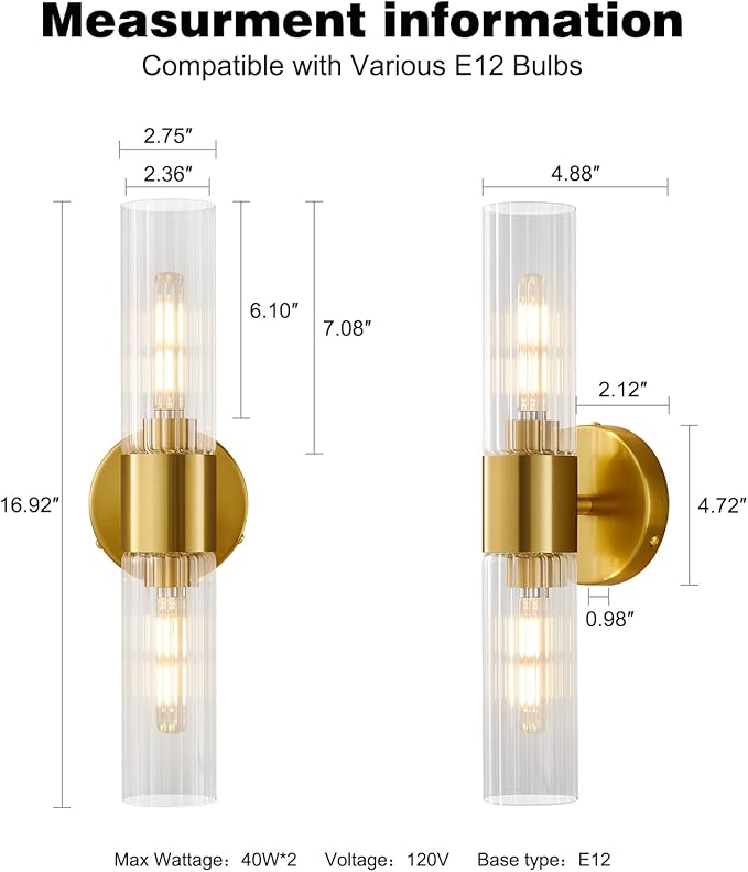 Bathroom Light Fixtures 2-Light, Modern Vanity Light for Bathroom, Wall Sconce, Bath Light with Glass Rods Shades for Mirror Bedroom Hallway (Brushed Brass)
