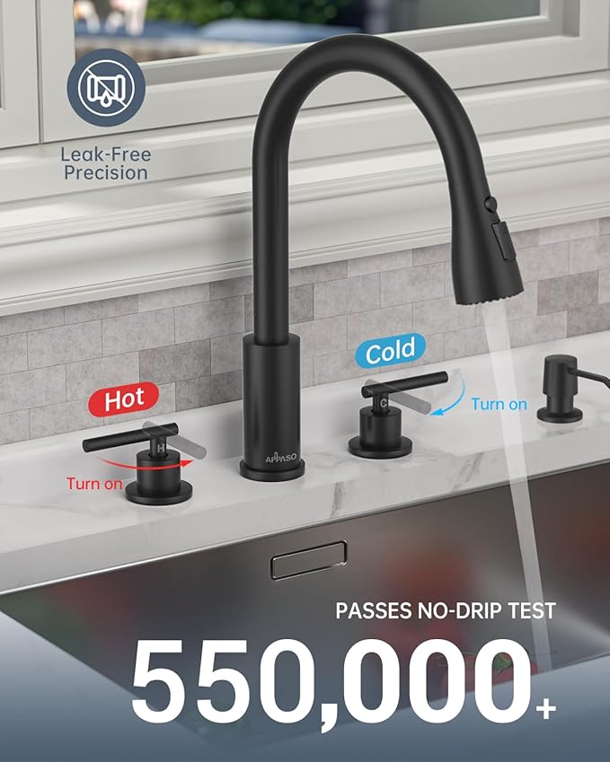 APPASO 2 Handle Kitchen Faucet, 4 Hole Black Kitchen Sink Faucet with Soap Dispenser, Modern High Arc 3 Hole Faucet for Kitchen Sink