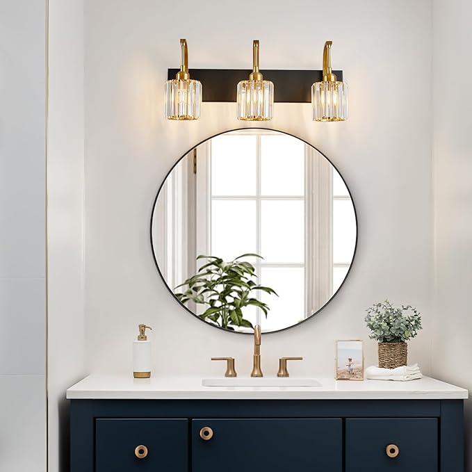 3-Light Crystal Vanity Light, Modern Black Gold Bathroom Wall Sconce with K9 Crystal Shades, 23.62" Long Over Mirror Lighting for Vanity, Makeup, Hallway, Elegant & Durable