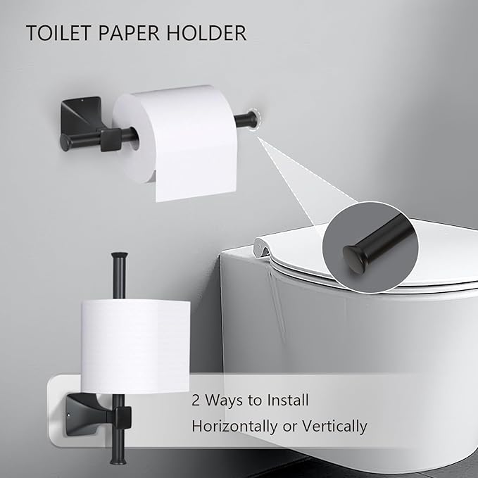 Matte Black Bathroom Hardware Set 5-Pieces, SUS304 Stainless Steel Bath Towel Bar Set Wall Mounted, Including Hand Towel Bar,Towel Ring, Toilet Paper Holder, 2Pcs Robe Towel Hook