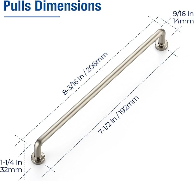 JOY DECOR Cabinet Pulls – 7-1/2 Inch Hole Center, Brushed Nickel, 2 Pack, Zinc Alloy Cabinet Handles for Drawers & Cupboard – Vintage Style Hardware for Kitchen, Bathroom, Dresser, Furniture Makeover