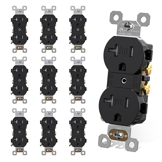 AIDA 20 Amps Outlets Duplex Electrical Receptacle Outlets,Tamper Resistant,Heavy-Duty Receptacle Wall Outlet,Residential,TR,3-Wire, Self-Grounding Clip, NEMA 5-20R,UL Listed (10 Pack, Black