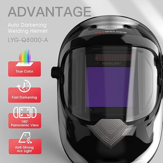 YESWELDER Auto Darkening Welding Helmet with SIDE VIEW, 180° Panoramic View, 1/1/1/1 True Color Solar Powered Welder Hood, Wide Shade 4/5-9/9-13 Welder Mask for TIG MIG ARC CUT and GRIND, LYG-Q800D