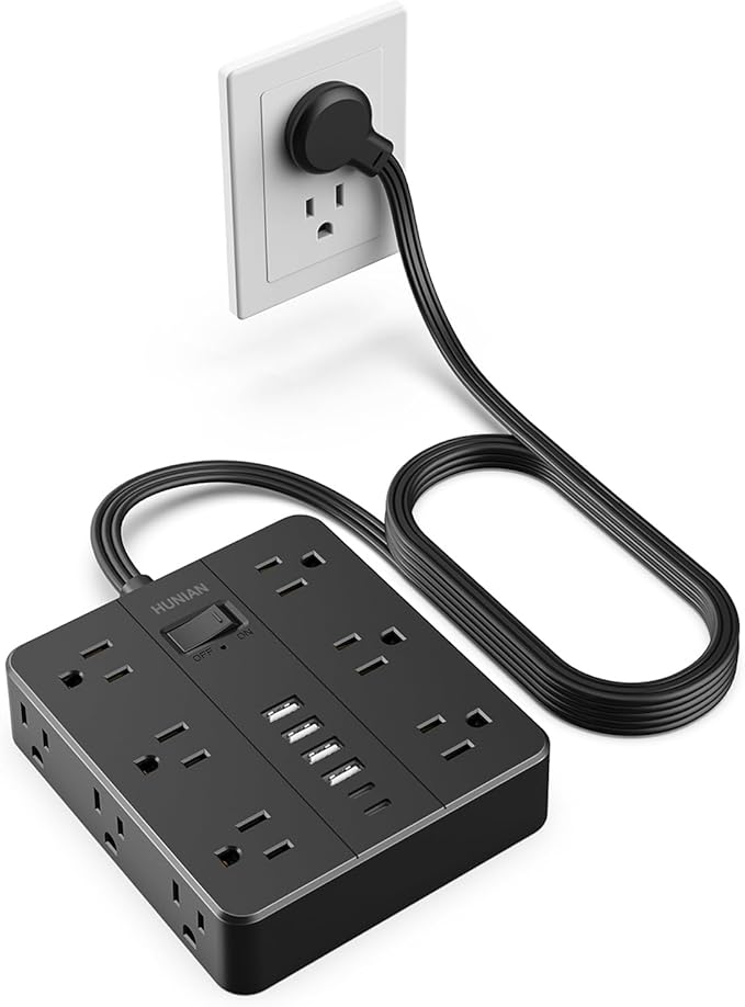 Flat Plug Surge Protector Power Strip, HUNIAN 12 Widely Spaced Outlets with 6 USB Charger (2 USB C Ports), 10 Ft Extension Cord Desk Charging Station for Home Office Supplies, Dorm Room, Black