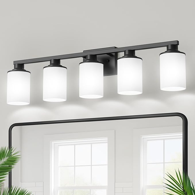 DORESshop 5-Light Black Bathroom Light Fixture Over Mirror with Milk Glass Shade, Modern Vanity Lights for Hallway Living Room Bedroom, ETL Listed