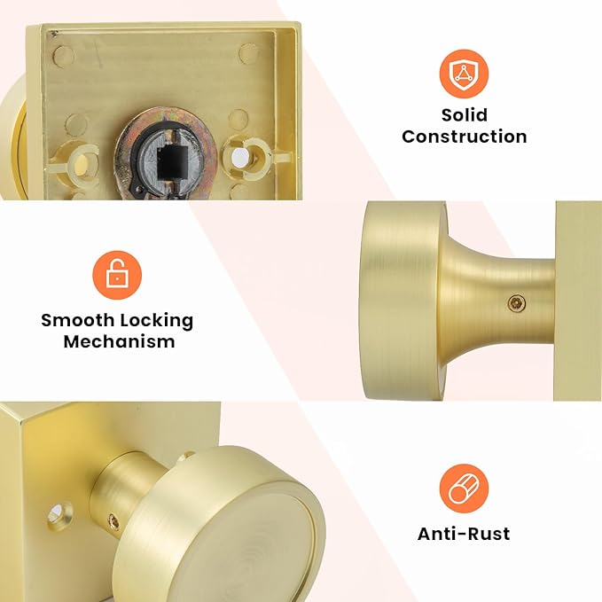 Haidms Brushed Gold Dummy Door Knobs, Half Brushed Brass No-Turning Dummy Knob for Closet Doors, Zinc-Alloy Single-Sided Door Locks (2 Pieces/1 Pair)