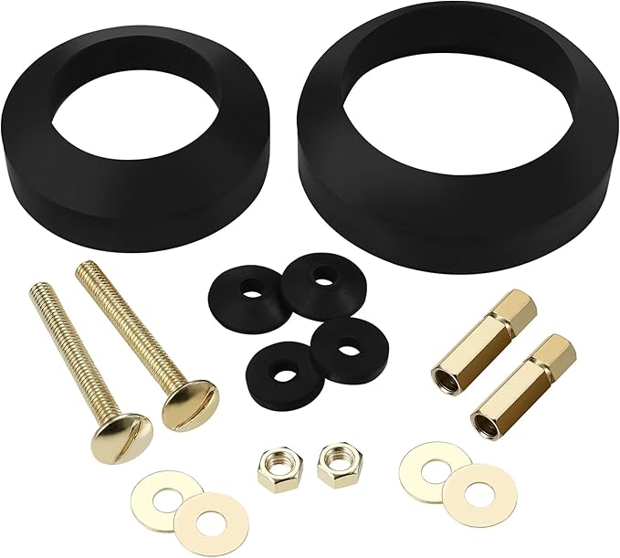 Universal Toilet Tank to Bowl Bolt & Gasket Replacement Kit Tank Repair Kit Includes 2" & 3" Rubber Seal Gaskets, Extra-Long Brass Plated Bolts, Washers, Nuts, Fits Most 2-Piece Toilets