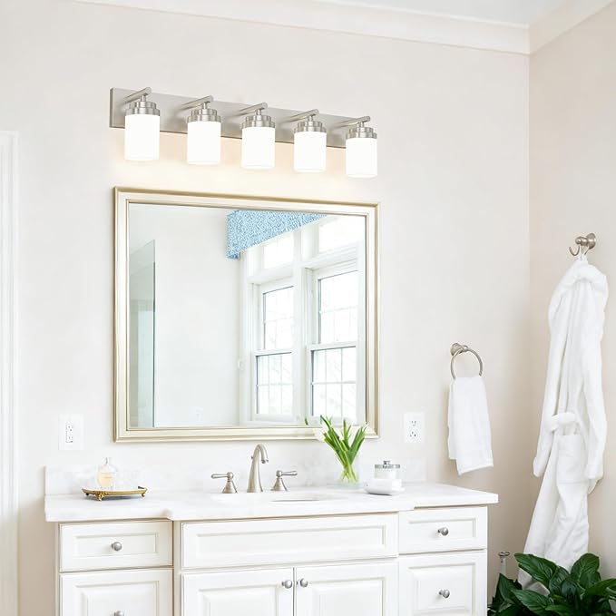 IZORRO Bathroom Vanity Light Fixture, 5-Light 36 Inch Brushed Nickel Bathroom Light Fixtures Over Mirror, with White Glass Shade, Modern Farmhouse Vanity Lights, Rustic Restroom Lighting Fixtures