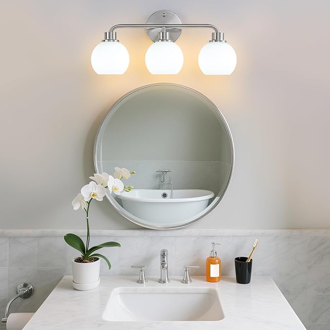 Bathroom Light Fixtures Brushed Nickel Vanity Light 3 Light Wall Sconces Lighting Silver Lights with Milk Globe Glass Shades Bath Wall Lamp for Mirror Kitchen Living Room Bedroom Hallway