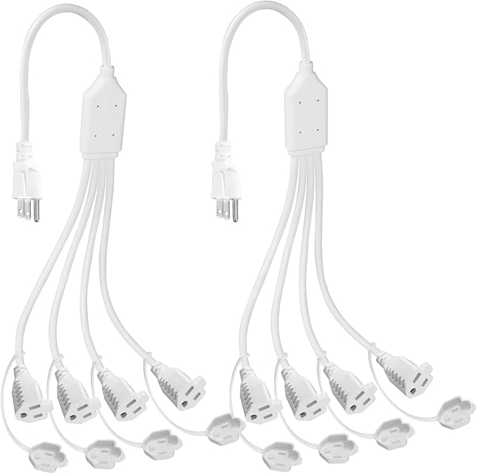 KUNCAN 4-Outlet Power Splitter Cord - 3 Prong 1 to 4 Way Male to Female Multi Plug Adapter, 1.5FT 16AWG 13A Y Style Extension Cord with Outlet Cover for Computer, LED Stage Light (White 2-Pack)