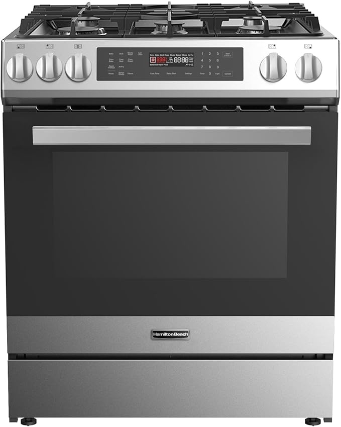 Hamilton Beach HBRD37AMZ 30” Dual Fuel Gas Range Stove and Electric Oven with LED Touch Control, 5 Cooktop Burners, Heavy-Duty Metal Knobs, Cast Iron Grates, and Stainless Steel Cooking Racks