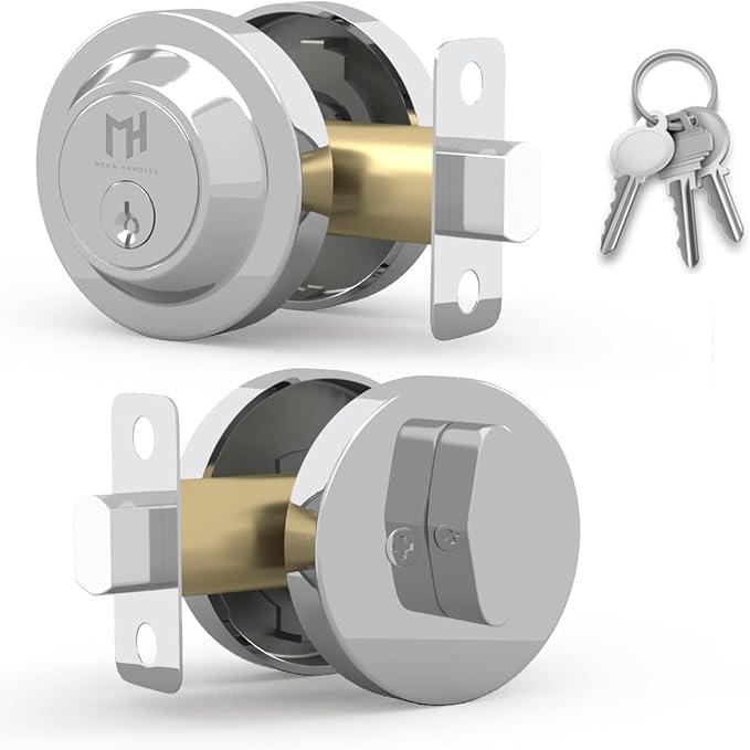 Mega Handles - Ronn Deadbolt I Entry Deadbolt Lock - Heavy Duty Round Locking Deadbolt for Left or Right-Handed Doors - Interior/Exterior - Polished Chrome
