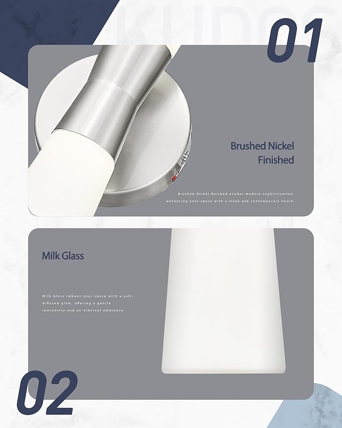 kudos Bathroom Sconces Set of 2,16inches Brushed Nickel Vanity Light Fixtures, Modern Sconces Wall Lighting with Milk White Glass, Dimmerable 3000K/4000K/5000K for Bedroom Hallway, KDVL13-BN-2PK
