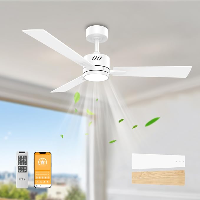42" White Ceiling Fan with Light, Remote Control, Downrod Mount, Noiseless, Reversible, 6CCT, Dimmable, 6 Speeds, Timeable, Ceiling Fan with Remote Control for Bedroom, indoor/outdoor