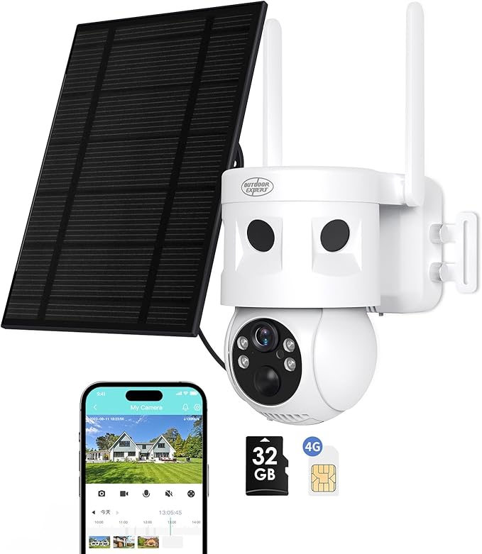 4G LTE Cellular Security Camera 180°Automatic Intrusion Detection and 360°Panoramic View Home and Outdoor Security Camera with Solar Panel, 2K Video Illumination at Night