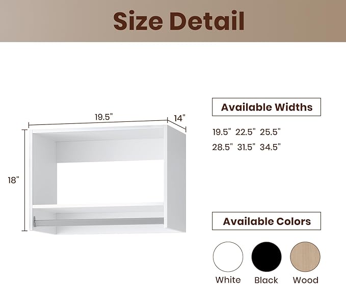 ROOMTEC 19.5" Tall Hanging Closet Unit, Modular Closet System with Hanging Rod, Wardrobe Organizer for Bedroom or Walk-in Closet, Wall Mounted, Customizable Clothes Storage Unit, White