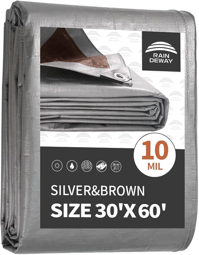 RAINDEWAY Tarps Heavy Duty Waterproof 30x60 Feet,10Mil Thick Multipurpose Large Tarp Cover with Metal Grommets and Reinforced Edges,Silver/Brown Tarp