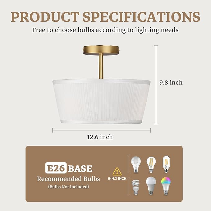 Gold Semi Flush Mount Ceiling Light Fixture,3-Light Ceiling Mount Drum Light Fixture with White Fabric Shade,12.6inch Modern Close to Ceiling Lamps for Living Room, Bedroom, Dining Room,Hallway