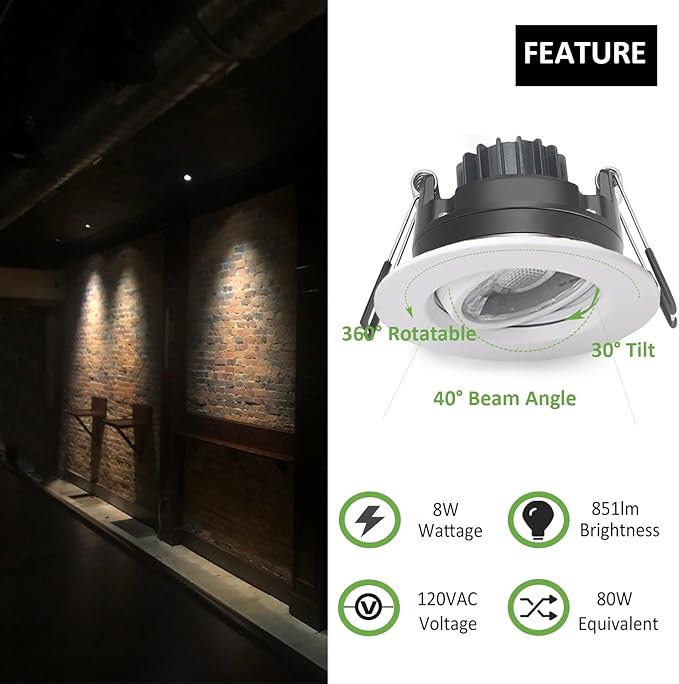 Canless Recessed Gimbal Downlight Rotatable-Spotlight 5 CCT 3 Inch Eyeball Ceilling Potlight, Dimmable Recessed Lights Fixture with Junction Box, 8W CCT Adjustable, White Round Trim, 6 Pack