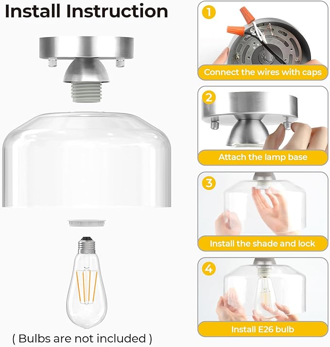 Semi Flush Mount Ceiling Light Silver, Clear Glass Pendant Lamp Shade, Modern Farmhouse Light Fixture for Hallway Corridor Kitchen Entryway Bedroom, Bulb Not Included