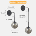 KCO Lighting Black Glass Globe Wall Sconce Set of 2 Farmhouse Industrial Wall Lamp with Adjustable Cord Mid Century Modern Wall Mount Reading Light for Bathroom Mirror Bedside Stairs (Smoke Grey)