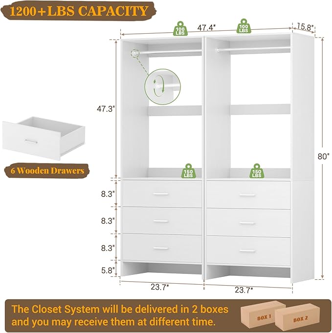 Aheaplus Closet System Closet Organizer, Wood Closet Organizer System, Walk-in Closet or Small Closets Wardrobe, Clothes Rack with Hanging Rods, 4FT Closets, Set of 2, White