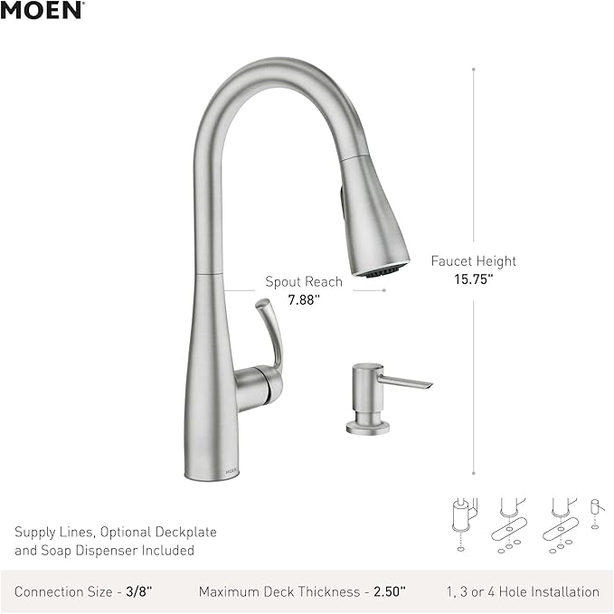 Moen Essie Chrome Single Handle Pull-Down Sprayer Kitchen Faucet with Soap Dispenser, Reflex and Power Clean Technology, 87014