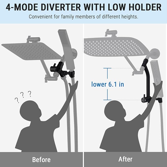 G-Promise All Metal 16 Inch Shower Head with Massage Mode Handheld, Rain Shower Head with Handheld Spray Combo, 3-Way Diverter with Pause Setting, 12 Inch Adjustable Extension Arm (Matte Black)