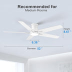 52 Inch White Ceiling Fans with Lights and Remote, Flush Mount Low Profile Ceiling Fan for Bedroom, Living Room, Patio, Dimmable 6 Speeds Noiseless Reversible, ETL Listed