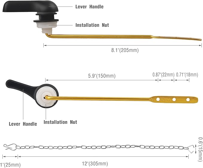 Toilet Handle Replacement Kit, Toilet Flush Handle with Stainless Steel Flapper Chains, Universal Toilet Lever for Most Front Mount Toilets, Matte Black Toilet Flush Lever