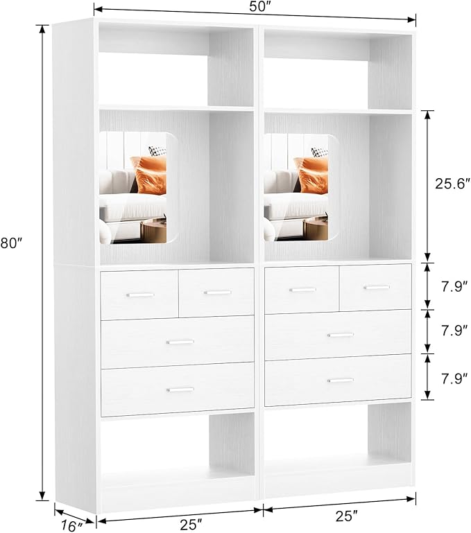 Unikito 50 Inch Closet System with Drawers, 4FT Wood Closets Organizer with Mirror Design, Freestanding Heavy Duty Walk in Closet Towers for Bedroom, Max Load 1000 LBS, Easy Assembly, White