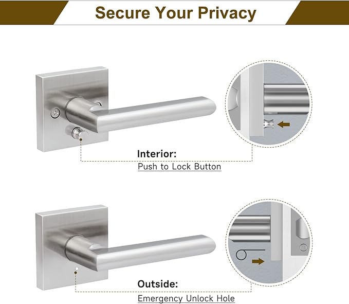 HOSOM 6 Pack Privacy Door Handles Interior for Bedroom and Bathroom, Satin Nickel Interior Door Handles with Lock, Heavy Duty Interior Door Levers, Keyless Reversible Square Door Locks Door Knob