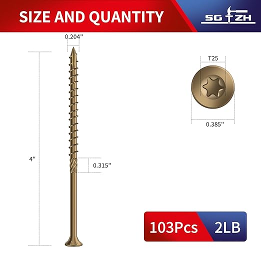 #10 x 4 Inch Deck Screws (103Pcs) 2lb. Carbon Steel, Yellow, Flat Head, Rust Resistant epoxy Coated, with T25 Star Bit