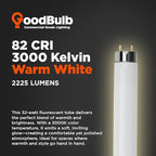 GoodBulb 25W 36 Inch T8 Fluorescent Light Bulb 3000K Warm White Light Medium Bi-Pin Base 2225 Lumens 86 CRI 36000 Life Hours Instant/Programmed Start 25 Bulbs Pack