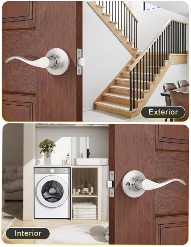 Mengico 1 Pack Satin Nickel Modern Interior Passage Door Knobs, Keyless Door Handle for Hallway & Closet, Wave Style Non-Locking Door Lever Reversible for Left & Right Handed