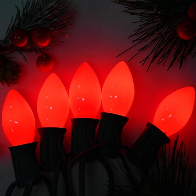 25 Pack C7 Red Ceramic Incandescent Replacement Bulbs, 5W Warm White 2200K, E12 Candelabra Base, Waterproof C7 Night Light Bulbs for Vintage Christmas Lights Outdoor Indoor Home Party Decorations