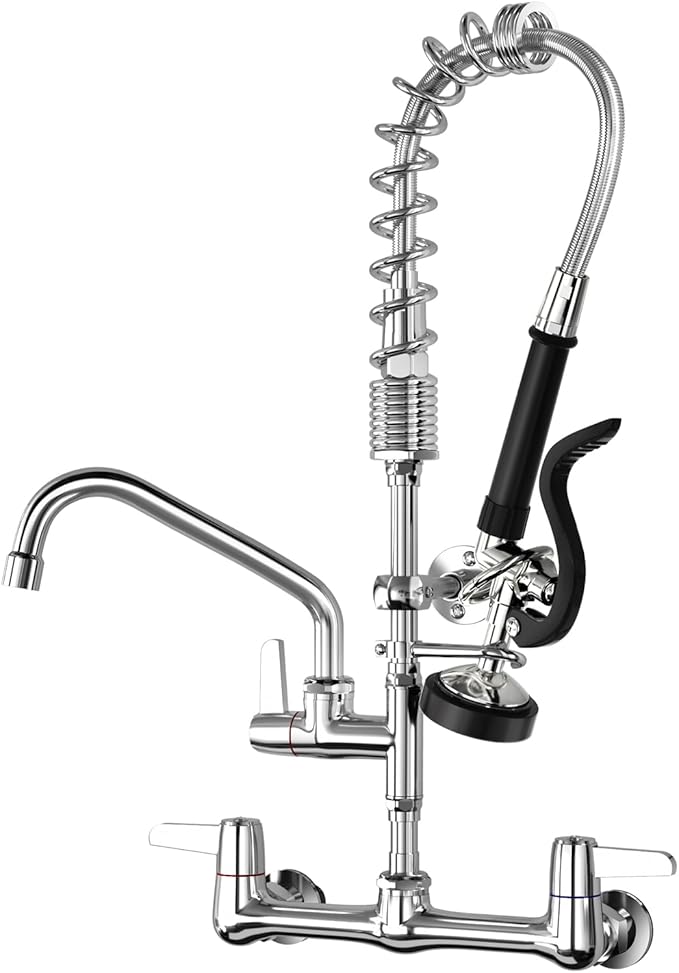 Commercial Kitchen Faucet with Sprayer for Restaurant-Chefs: BESTJEEF Commercial Sink Faucet for Cook - 21" Height 8" Center Wall Mount Kitchen Faucet with Stainless Spring Spray and 8" Add-On Spout