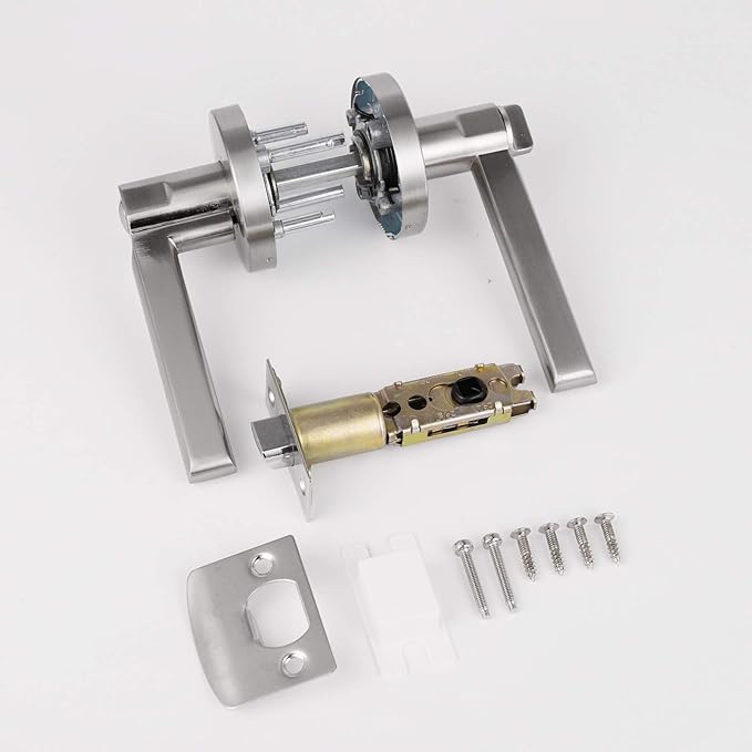 Probrico Satin Nickel Privacy Door Levers, Flat Interior Bath/Bed Door Handles, Reversible for Right & Left Handed Bedroom/Bathroom Doors, 2 Pack