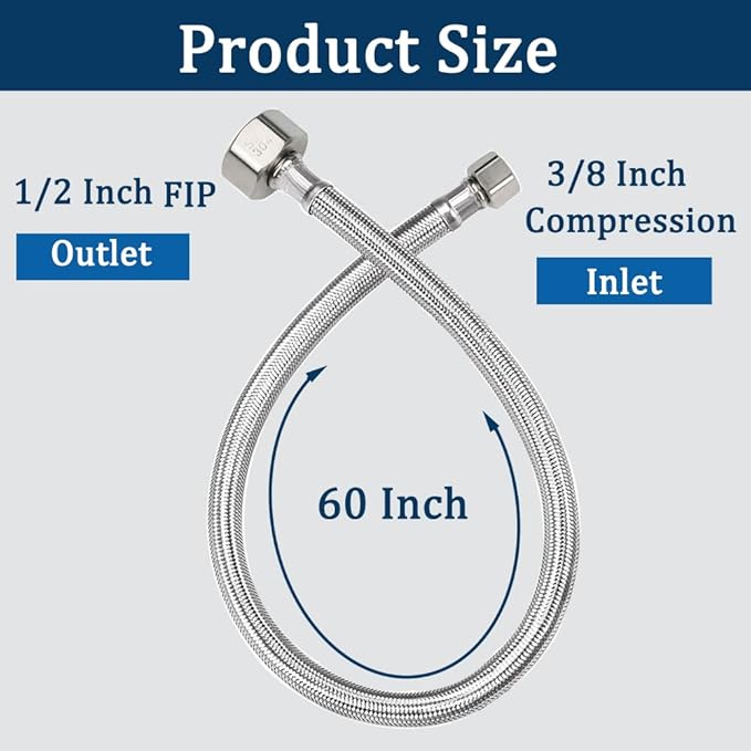 60" Faucet Supply Line,3/8" Comp x 1/2" FIP Flexible Faucet Connector,Stainless Steel Braided Supply Line for Long Distance Use of Faucet Sink, Water Heater, Angle Valve（Plumbers Tape Include)