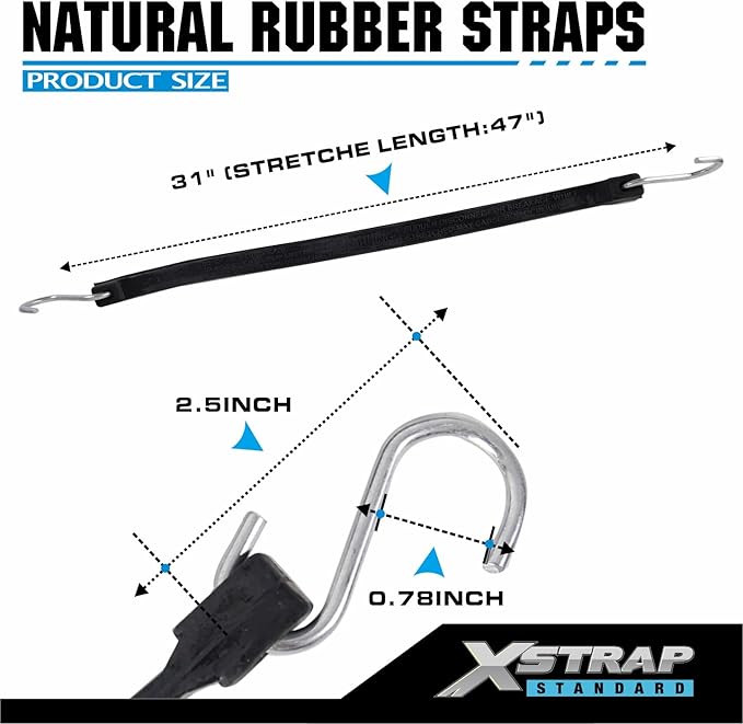 XSTRAP STANDARD 20 Pack 31'' Adjustable Natural Rubber Tarp Straps, EPDM Bungee Cords with Metal S Hooks, Ideal for Securing Tarps, Canvases, Motorcycle, and Cargo