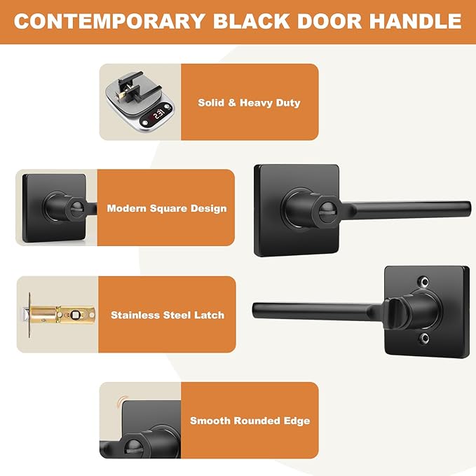 Probrico Privacy Black Door Handle Interior Lockset Heavy Duty Square Door Lever for Bedroom or Bathroom Reversible Keyless Slim Handleset Door Knob 8 Pack